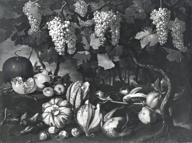 Anonimo — Anonimo romano sec. XVII - Natura morta con uva, melagrane, meloni, cocomero e selvaggina — insieme